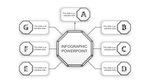 Infographic with central octagon and seven labeled hexagons arranged around it in a symmetrical design.