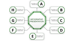 Octagonal infographic in green with eight surrounding sections labeled A to H, each containing placeholder text areas.