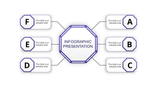 Infographic presentation slide with a purple octagonal center surrounded by six sections labeled A through F with text area.