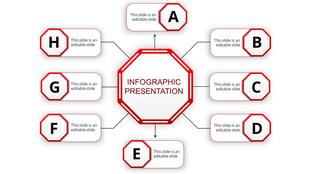 Infographic presentation slide with a central hexagon and eight red surrounding sections with placeholder text.