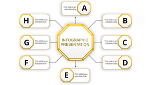 Infographic presentation slide with a central hexagon and eight yellow surrounding sections with placeholder text.