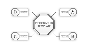 Gray themed infographic with a central octagon linked to four sections labeled A, B, C, and D.