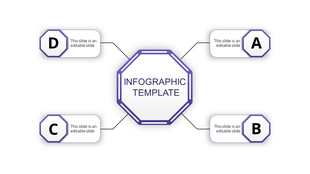 Professional PowerPoint infographic with a purple octagonal center linked to four labeled sections via black lines.