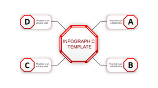 Infographic PPT template with a central node labeled text and four surrounding red sections labeled A to D.