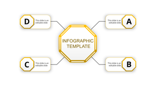 Infographic PPT template with a central node labeled text and four surrounding yellow sections labeled A to D.