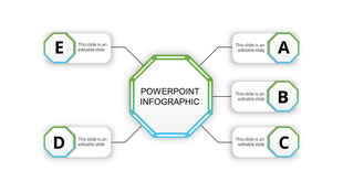 Infographic PPT slide with a central title and surrounding five colored sections labeled A through E with placeholder text.