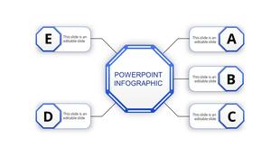 Infographic PPT slide with a central title and surrounding five blue sections labeled A through E with placeholder text.