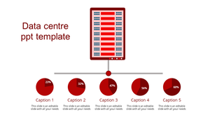 Red data center PowerPoint slide featuring a server graphic and pie charts labeled with percentages and captions.