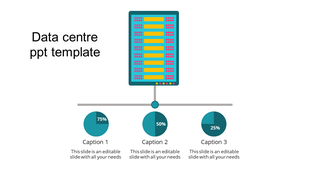 A teal server icon at the top with yellow and pink details, connected to three pie charts labeled below.