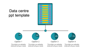 Datacenter PPT template with a colorful server graphic and four pie charts showing percentages with data distribution.