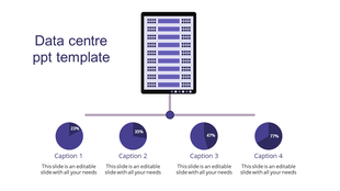 PowerPoint template showcasing a server and four purple pie charts representing different data statistics with captions.