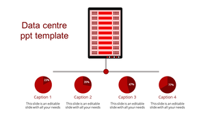 Data center template with red server icon and four pie charts showing percentages  with caption areas.
