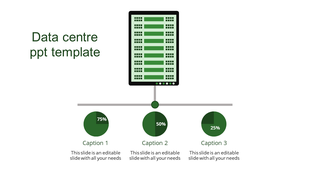 PPT template illustrating data distribution with a central server graphic and three green pie charts representing statistics.