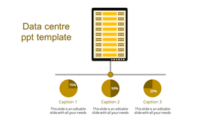 Data center slide featuring a server icon linked to three pie charts labeled with percentages and captions.
