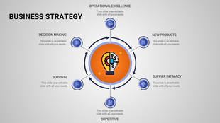Circular business strategy diagram slide with a central light bulb symbol, surrounded by six sections with icons and text.