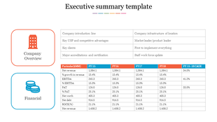 Executive summary layout with icons company overview and financial sections, tables showing financial metrics.