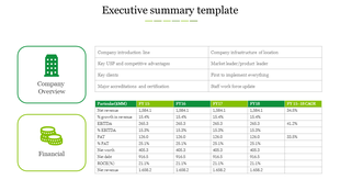 Executive summary template with green icons for company overview and financials, alongside a financial table.