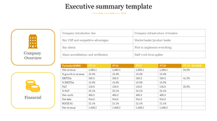 Executive summary template from company overview, to financial table of revenue and net worth placed in a white background.