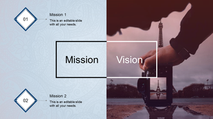 A PowerPoint template with mission and vision sections, featuring two diamond shaped icons and a photo background.