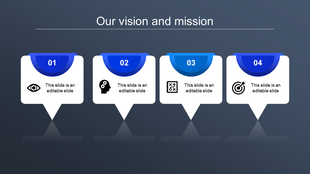 Slide showcasing vision and mission with four labeled sections, each with a unique icon on a blue gradient background.