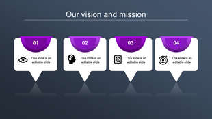 Strategic vision and mission slide featuring four numbered purple labels with icons on white speech bubbles.