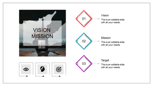 Vision and Mission layout with numbered diamonds and a background image of an Eiffel Tower reflection.
