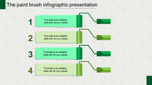 Gray textured slide design featuring four horizontal paintbrush shapes in shades of green, with connected rectangles.