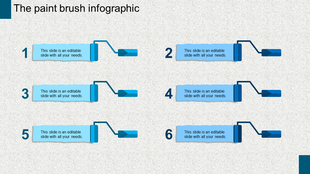 Infographic PowerPoint template with six numbered blue paintbrush icons connected to text boxes.