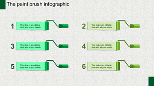 A gray background with two columns of six green paintbrush illustrations, each paired with a rectangular text box.