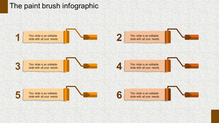 Infographic PowerPoint template with six numbered orange paintbrush icons connected to text boxes.