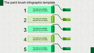 Sequential paint brush diagram in green tones with five sections and directional arrows each with caption areas.