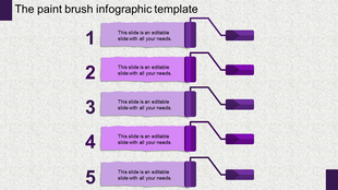 Numbered purple paint brush infographic with connected arrows and placeholder text areas in white backdrop.