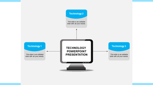 Tech layout showing three blue info boxes connected to a computer screen placed in a white background.