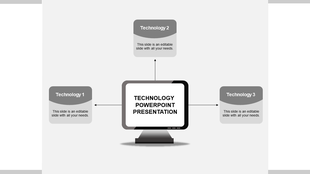 Three tech themed gray boxes linked to a central screen in a technology presentation design placed in a white background.