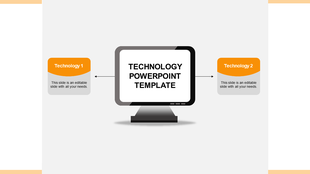 Technology PowerPoint template with two orange and grey text boxes displayed on either side of a computer.