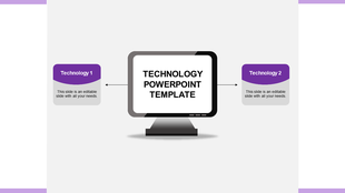Purple and gray technology diagram with arrows linking Technology 1 and 2 to monitor connected to a central computer screen template.