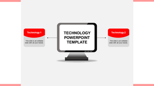 Red and gray technology diagram with arrows linking Technology 1 and 2 to monitor each with caption areas.