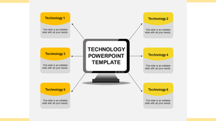 PowerPoint template featuring six yellow technology sections branching out from a central computer screen.