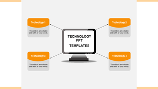 Four tech themed orange boxes linked to a central screen in a technology presentation design placed with caption areas.