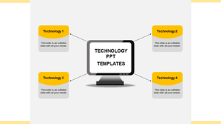 Four tech themed yellow boxes linked to a central screen in a technology presentation design placed with caption areas.