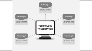 Technology infographic with five gray nodes surrounding a monitor and caption areas placed in white background.