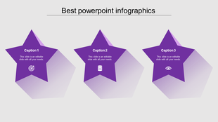 Infographic PowerPoint slide featuring three purple star shapes with unique icons and captions.