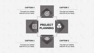 Four gray blocks with icons and captions forming a square layout for project planning on a textured background.