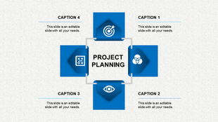 Project planning infographic with four blue square icons and placeholder text areas arranged around a central box.