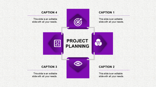 Project planning infographic with four purple square icons and placeholder text areas arranged around a central box.