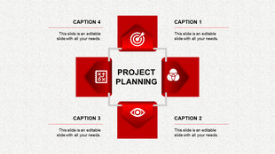 Project planning PPT slide featuring red icons for strategy, goal setting, and teamwork with captions and placeholder text.