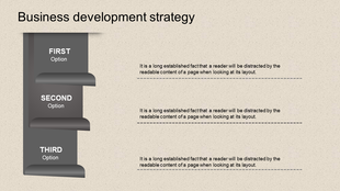Business strategy layout with gray curled steps on the left and dashed gray lines connecting descriptions.