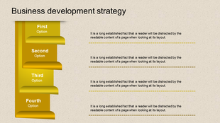 Yellow step infographic with First to Fourth  placeholder text areas aligned vertically for business strategy.