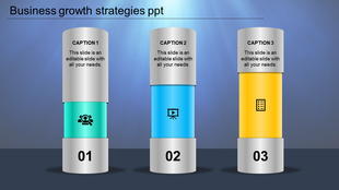 Three silver cylinders with green, blue, and yellow segments, numbered from 01 to 03, on a dark gradient background.