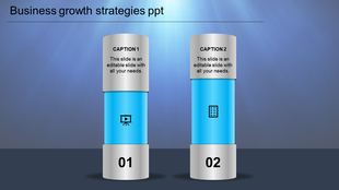 Business growth graphic with two vertical blue cylinders numbered 01 and 02, featuring icons and captions.